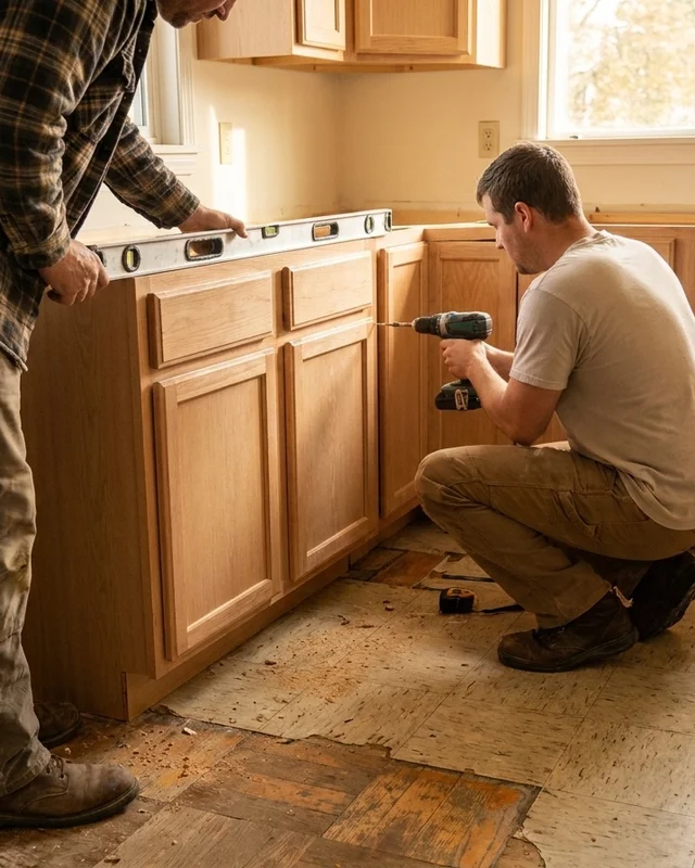 Two remodelers fitting kitchen base cabinets against a wall