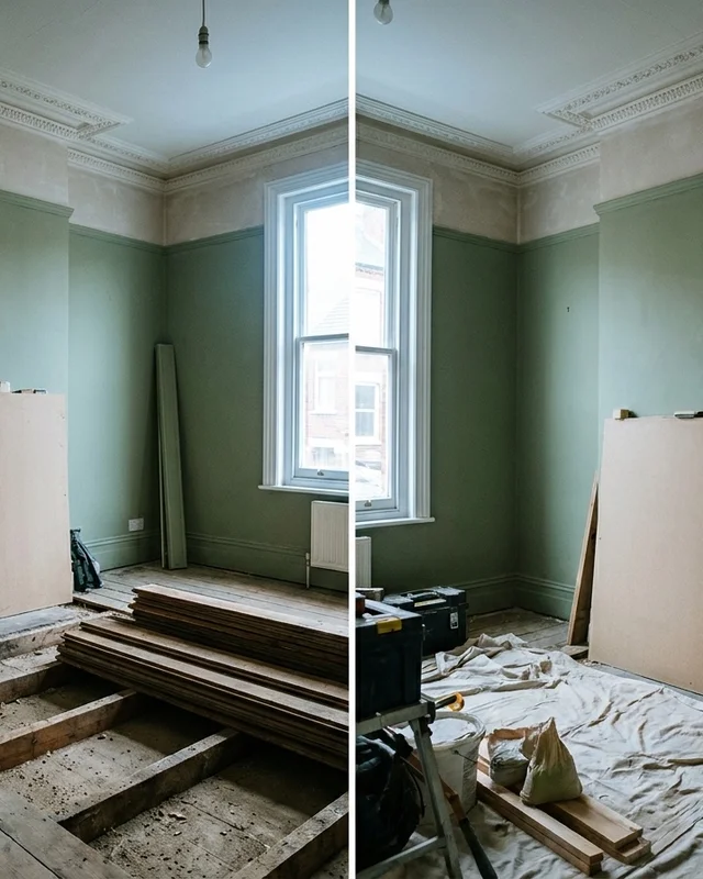 Period home interior with floorboards lifted and original cornice preserved