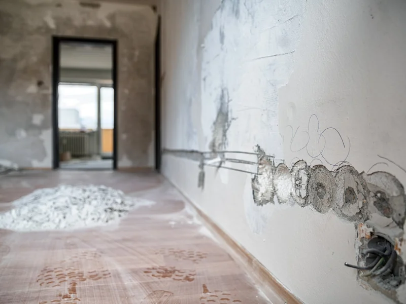 Cables and chased channels revealed in the stripped wall of an older apartment