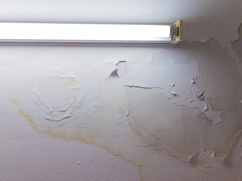 Water staining spreading across a ceiling below a failed roof