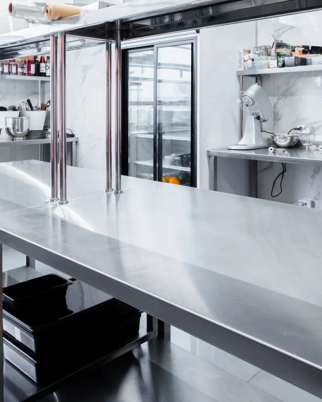 Empty stainless steel service pass and prep line