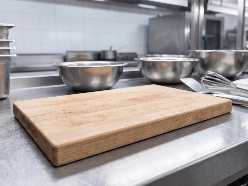 Timber cutting board on a stainless prep bench with gastronorm pans and utensils
