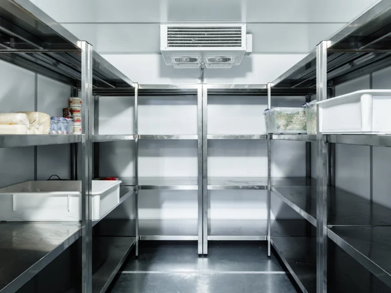 Interior of a walk-in cold room with stainless shelving and stock