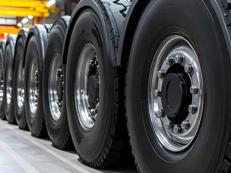 Row of heavy truck wheels and tyres lined up on a workshop floor