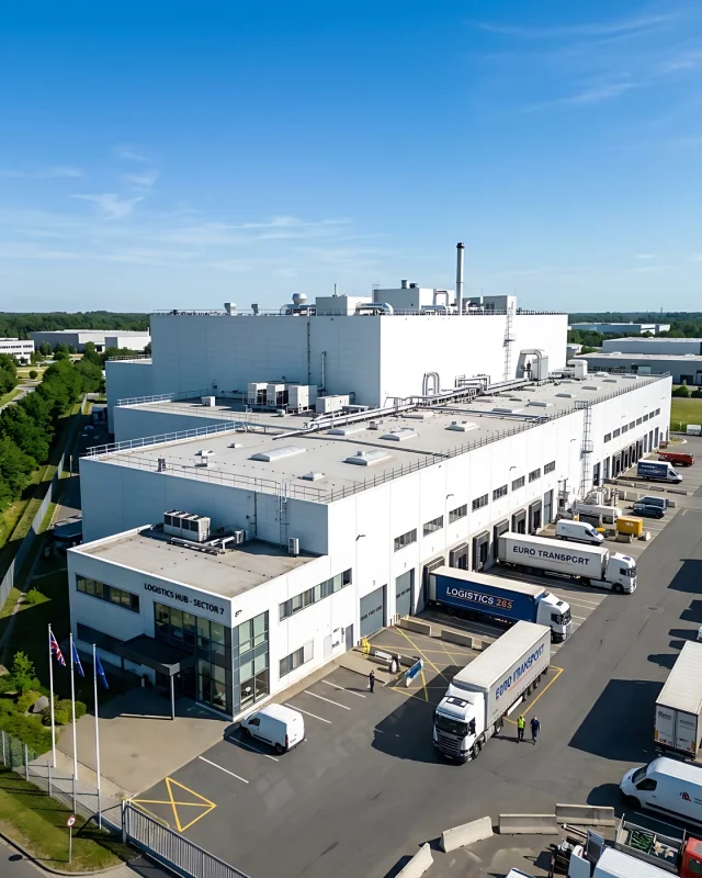 Aerial view of a logistics facility with trucks and trailers at its loading bays