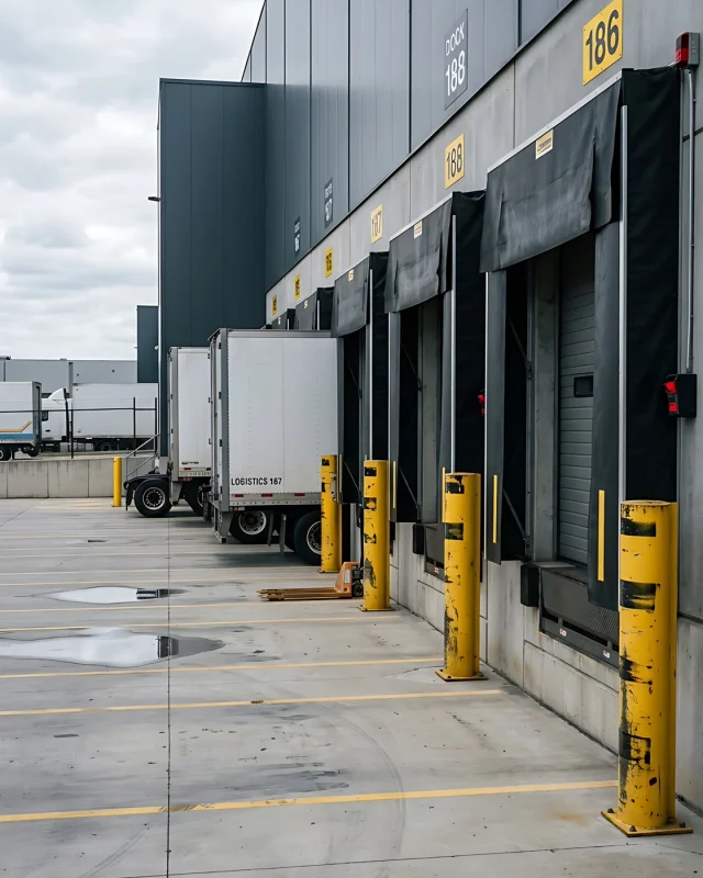 Empty concrete apron in front of numbered warehouse loading bays with one trailer backed in