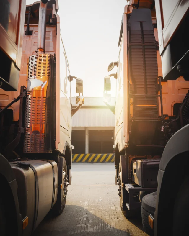 Two tractor units parked nose to tail in a depot, photographed through the gap between them at dawn