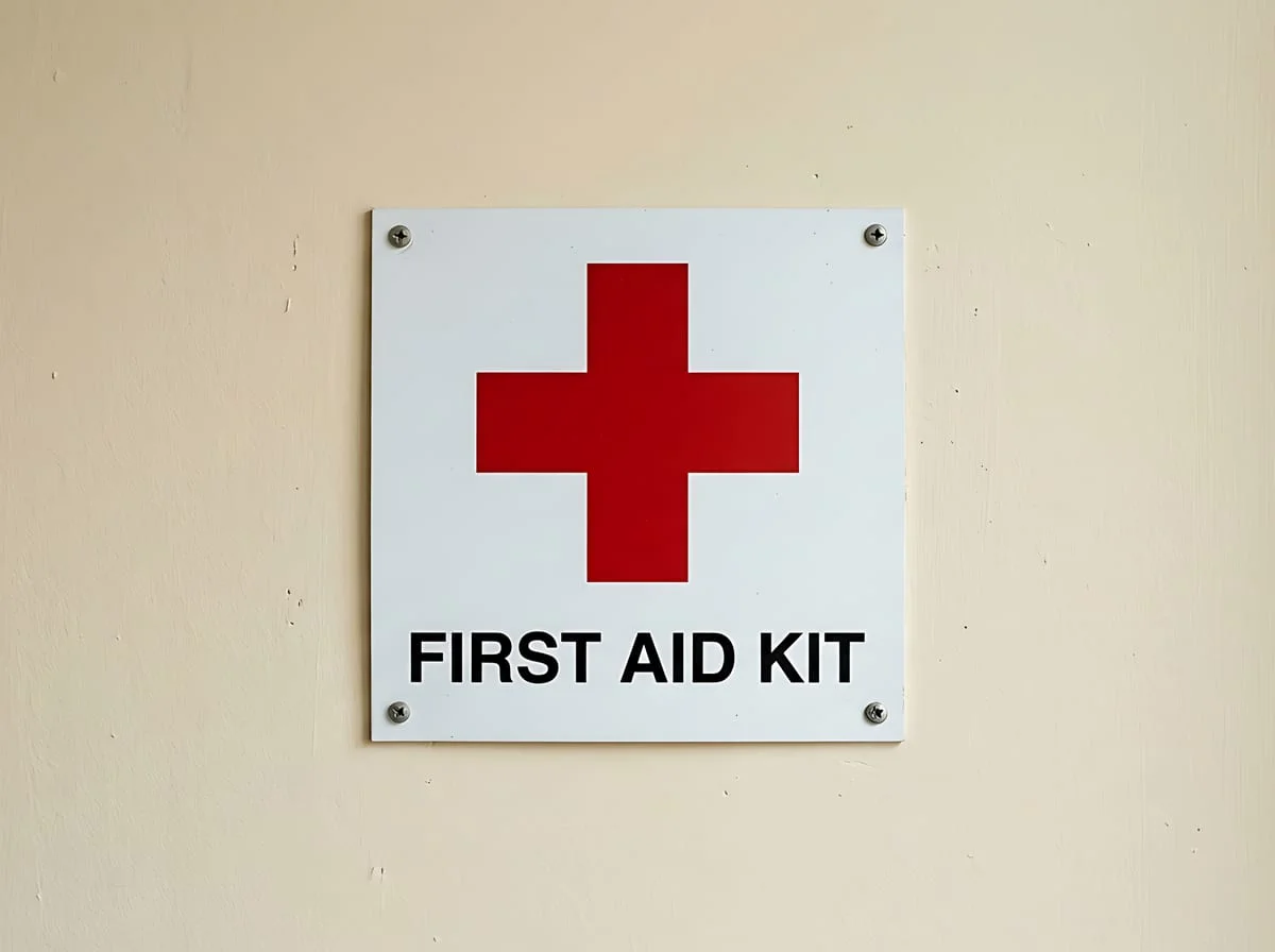 First aid kit sign mounted on a plain painted wall