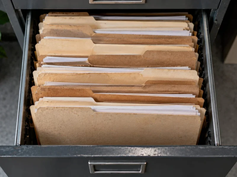 Manila folders standing upright in an open filing cabinet drawer