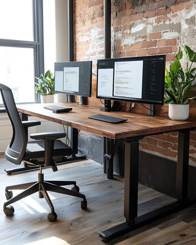 Two desks with monitors and office chairs against a brick wall, no one at them